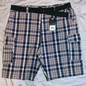 NEW Men's Beverly Hills Polo Club Cargo Shorts, Red/Blue Plaid, Size 44